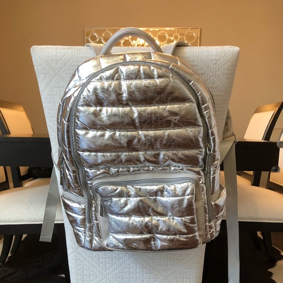 silver quilted backpack